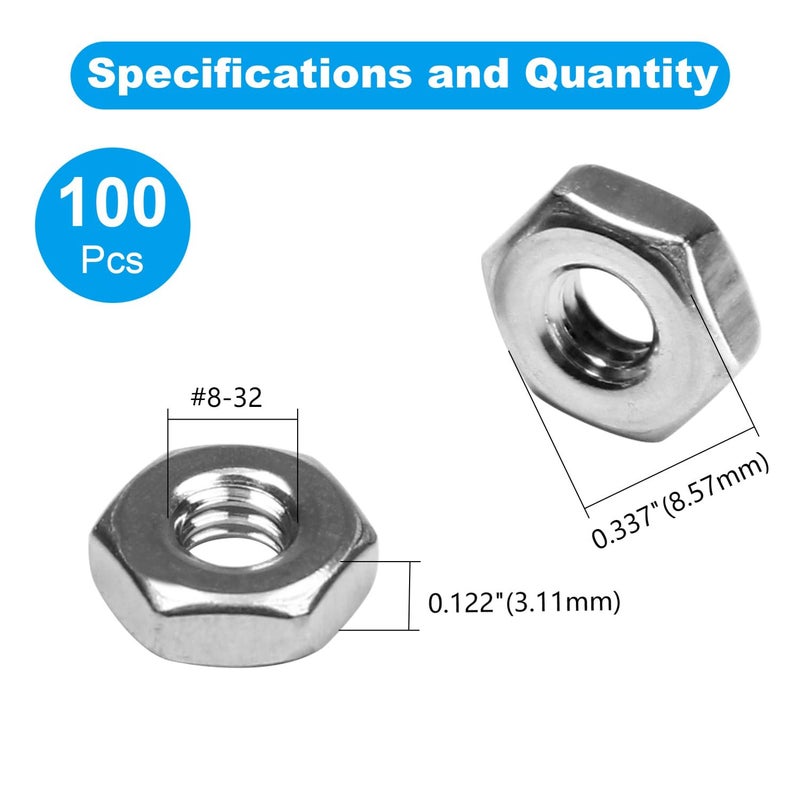 Yinpecly 100pcs #8-32 Hex Nuts, 304 Stainless Steel,Coarse Thread Hexagon Nut,Hex Drive, UNC Small Nuts Fasteners,8-32 Replacement Nut, Right Hand,Tiny - Image 2